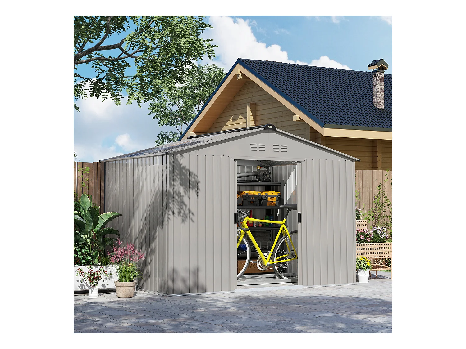 Abri de jardin 5,4 m² - cabanon double porte coulissante - fondation incluse - 277 x 195 x 192 cm - tôle d'acier ondulée gris