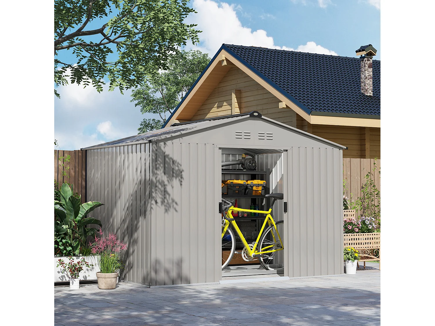 Abri de jardin 5,4 m² - cabanon double porte coulissante - fondation incluse - 277 x 195 x 192 cm - tôle d'acier ondulée gris