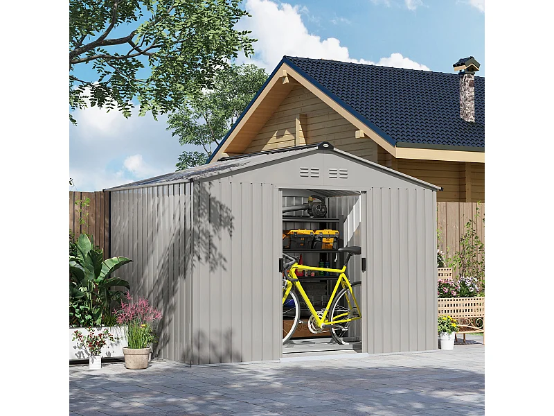 Abri de jardin 5,4 m² - cabanon double porte coulissante - fondation incluse - 277 x 195 x 192 cm - tôle d'acier ondulée gris