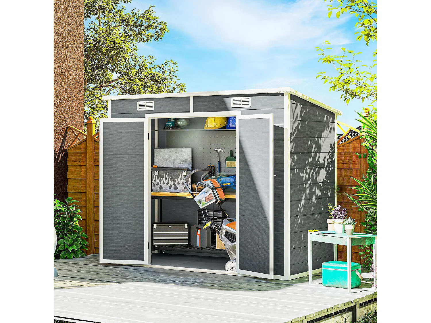 Abri de jardin 2,54 m² dim. 2,4 x 1,3 m - fondation incluse - fenêtre, 2 portes, aérations - alu PP gris blanc