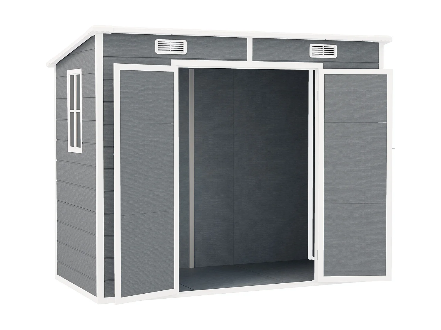 Abri de jardin 2,54 m² dim. 2,4 x 1,3 m - fondation incluse - fenêtre, 2 portes, aérations - alu PP gris blanc