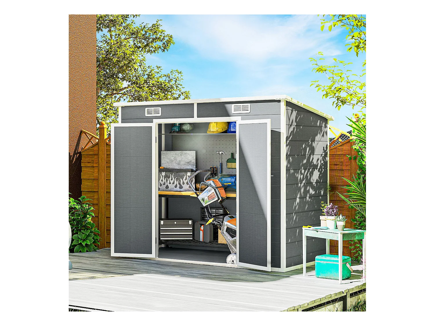 Abri de jardin 2,54 m² dim. 2,4 x 1,3 m - fondation incluse - fenêtre, 2 portes, aérations - alu PP gris blanc