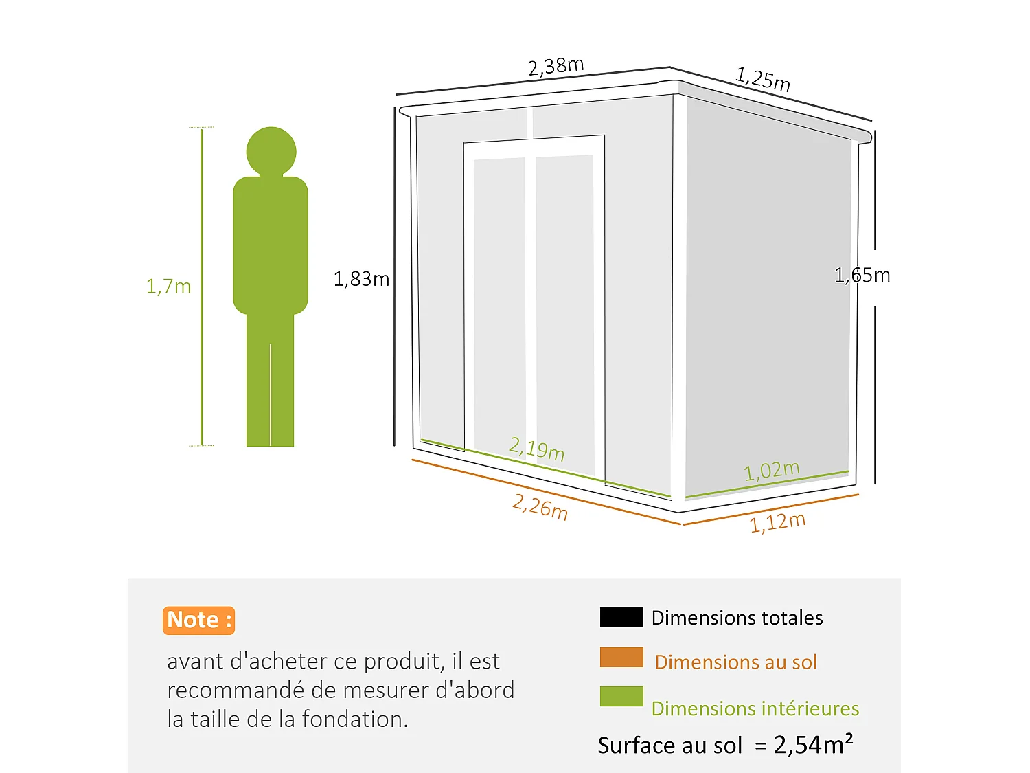 Abri de jardin 2,54 m² dim. 2,4 x 1,3 m - fondation incluse - fenêtre, 2 portes, aérations - alu PP gris blanc