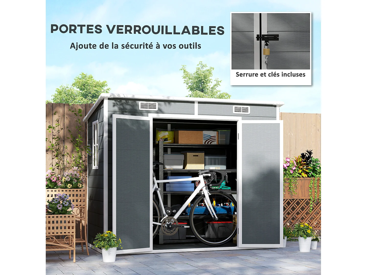 Abri de jardin 2,54 m² dim. 2,4 x 1,3 m - fondation incluse - fenêtre, 2 portes, aérations - alu PP gris blanc