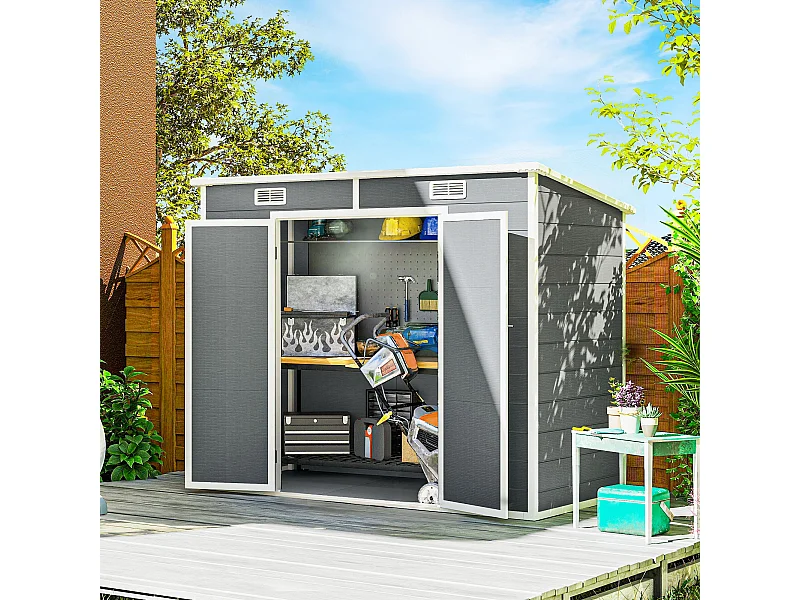 Abri de jardin 2,54 m² dim. 2,4 x 1,3 m - fondation incluse - fenêtre, 2 portes, aérations - alu PP gris blanc