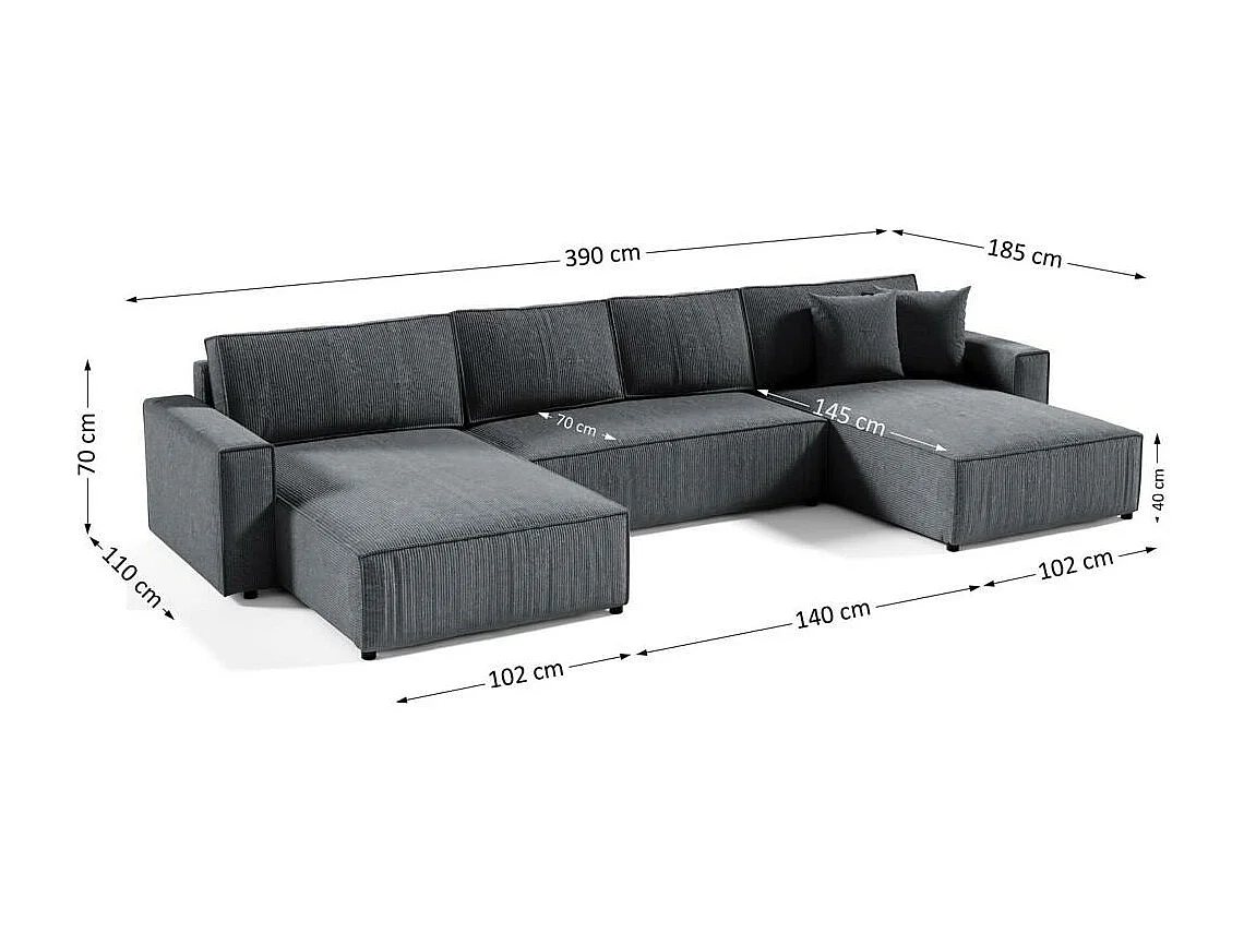 CANAPE Parys U avec fonction sommeil gris