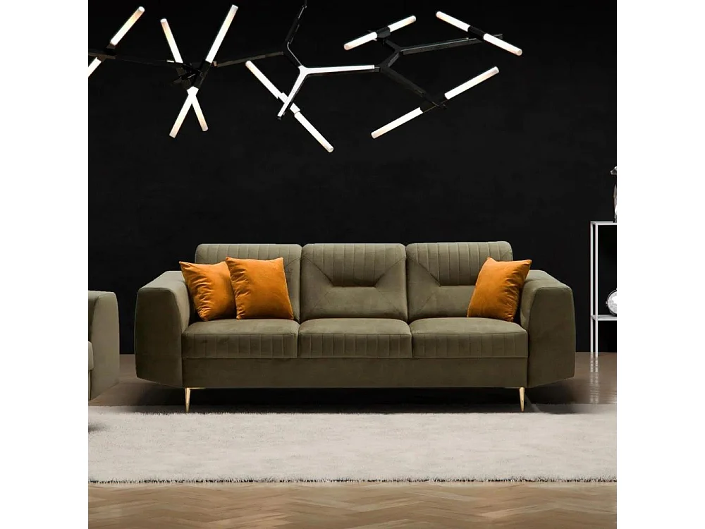 3-SITZER SOFA Venezia olivgrün mit goldenen Beinen