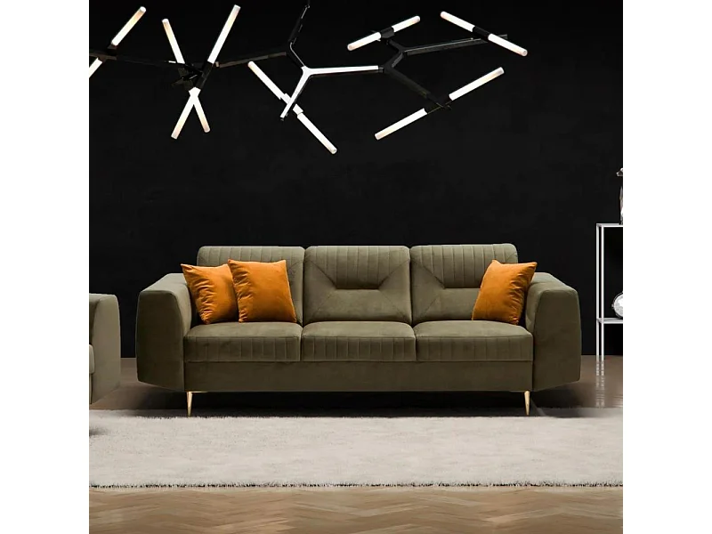 3-SITZER SOFA Venezia olivgrün mit goldenen Beinen