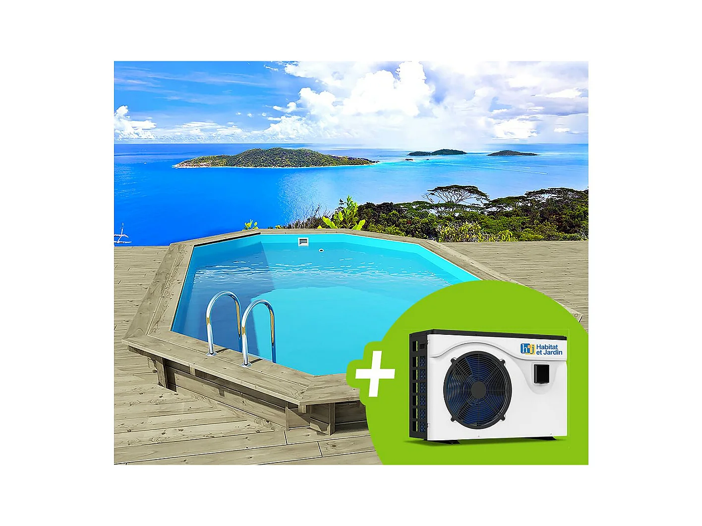 Piscine bois " Palma 145 " 7.57 x 4.07 x 1.44 m + Pompe à chaleur 6.1 kW