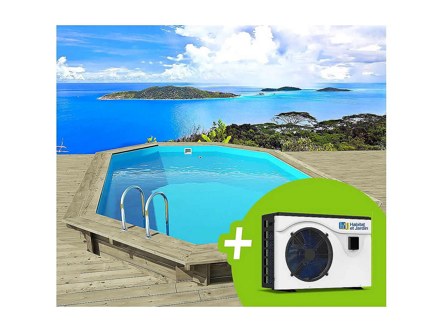 Piscine bois " Palma 145 " 7.57 x 4.07 x 1.44 m + Pompe à chaleur 6.1 kW