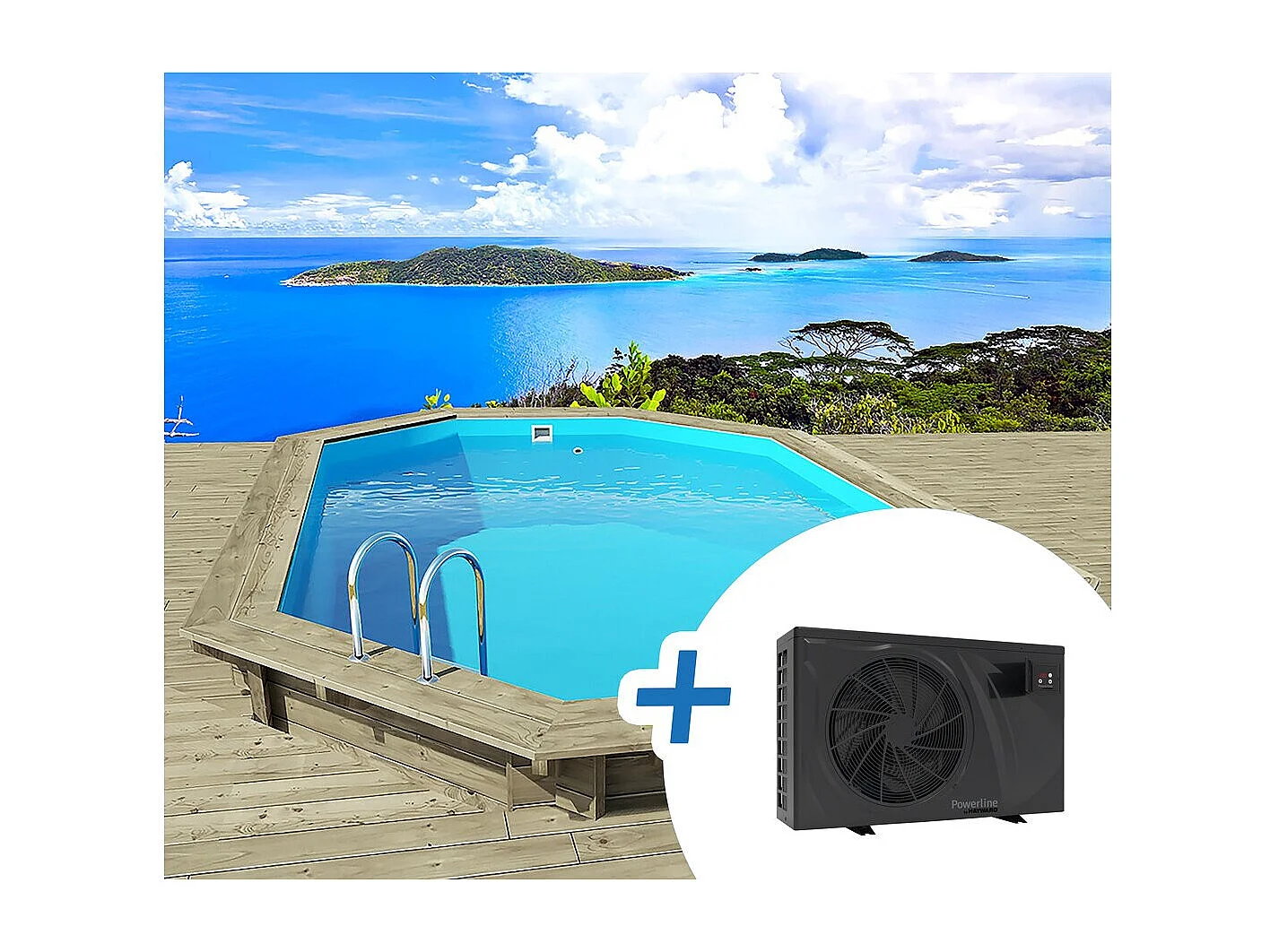 Piscine bois " Palma 145 " 7.57 x 4.07 x 1.44 m + Pompe à chaleur pour piscine 6 kw/h inverter "PowerLine by Hayward" - Noir