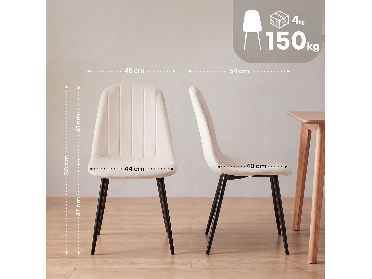 Lot de 4  chaise salle à manger - Velours - Blanc crème - Baxter