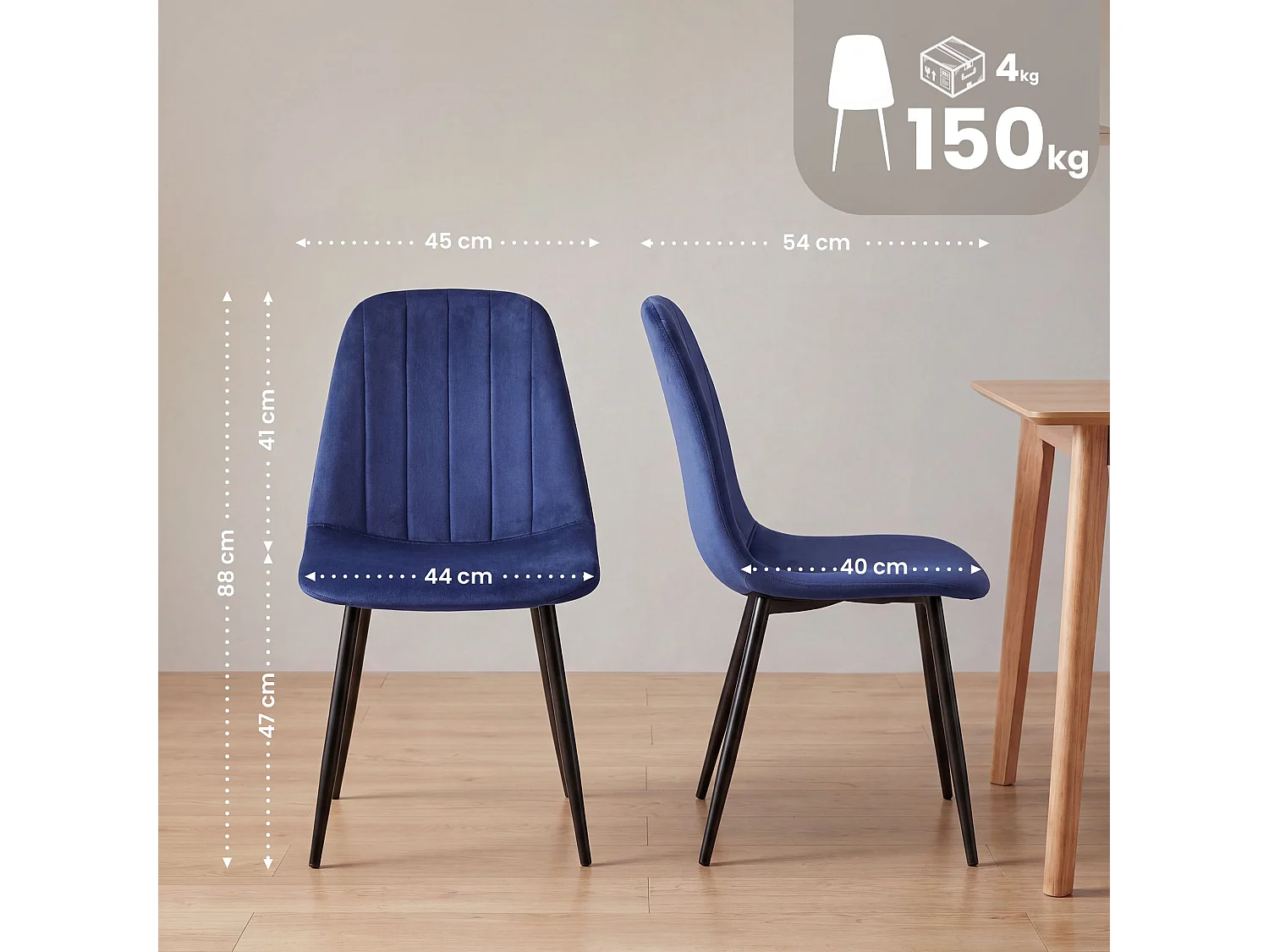 Lot de 4  chaise salle à manger - Velours - Bleu - Baxter