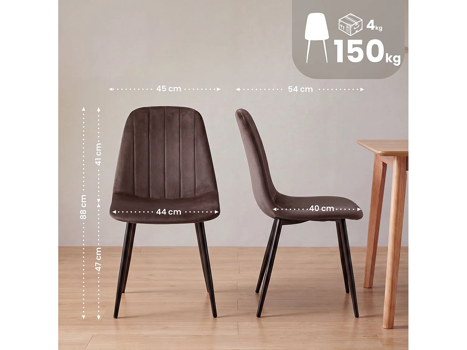 Lot de 4  chaise salle à manger - Velours - Marron - Baxter