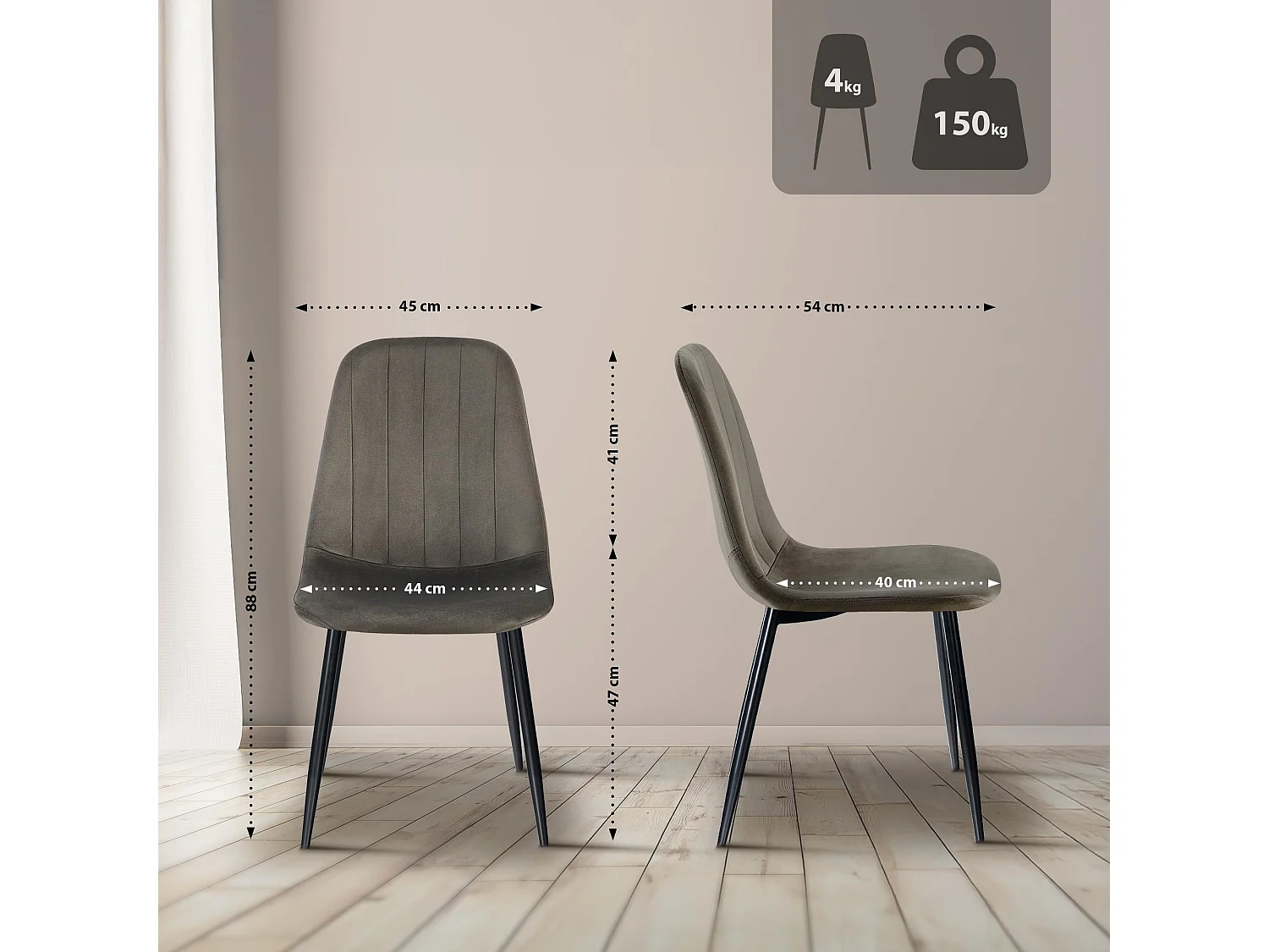 Lot de 4  chaise salle à manger - Velours & Chrome - Anthracite - Baxter