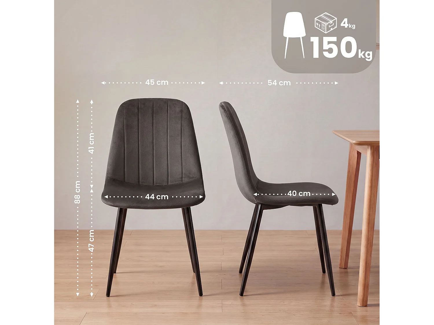 Lot de 4  chaise salle à manger - Velours - Anthracite - Baxter