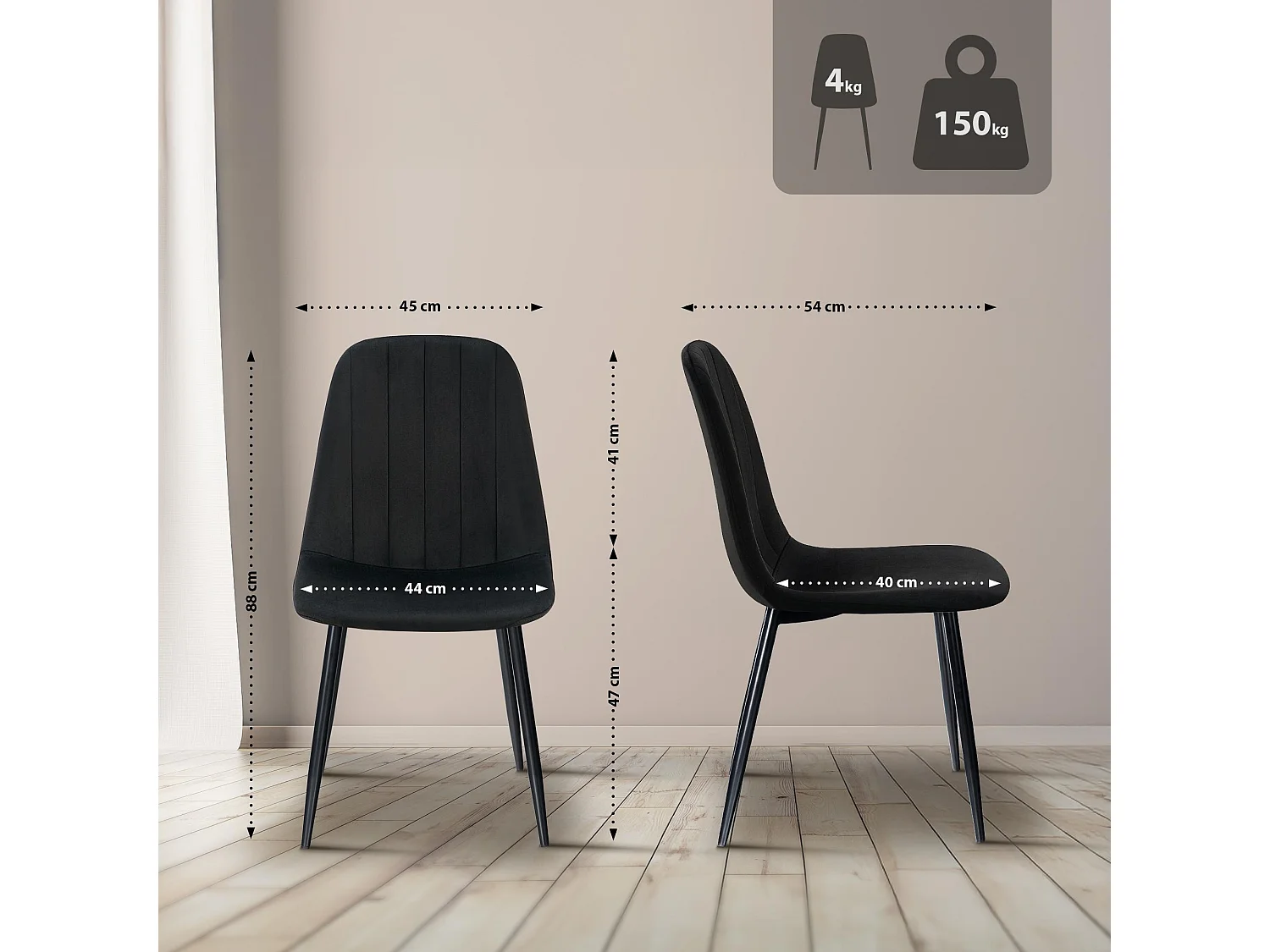 Lot de 4  chaise salle à manger - Velours - Noir - Baxter