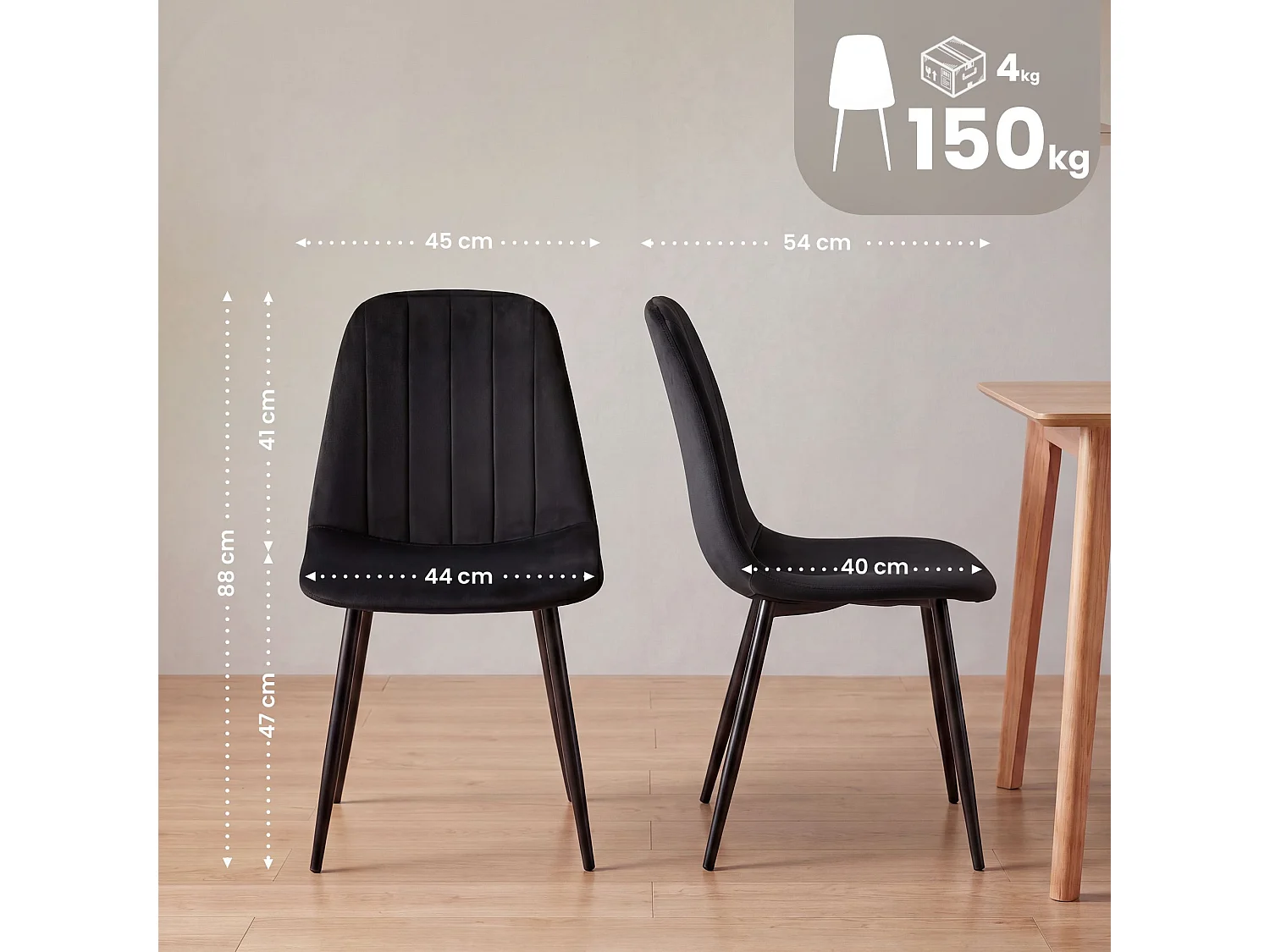 Lot de 4  chaise salle à manger - Velours - Noir - Baxter