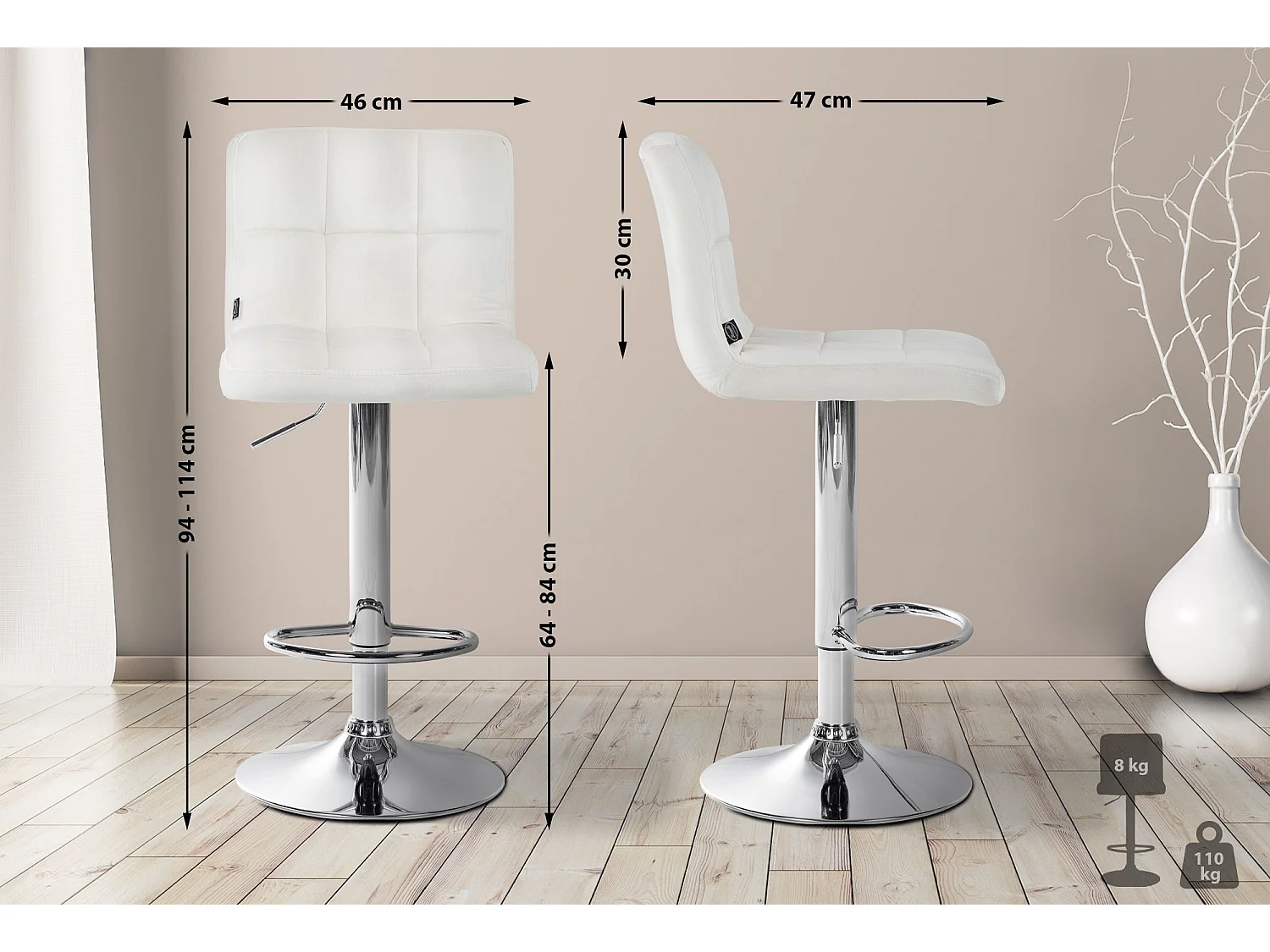 Lot de 2  Tabouret de bar - Velours & Chrome - Crème - Peru