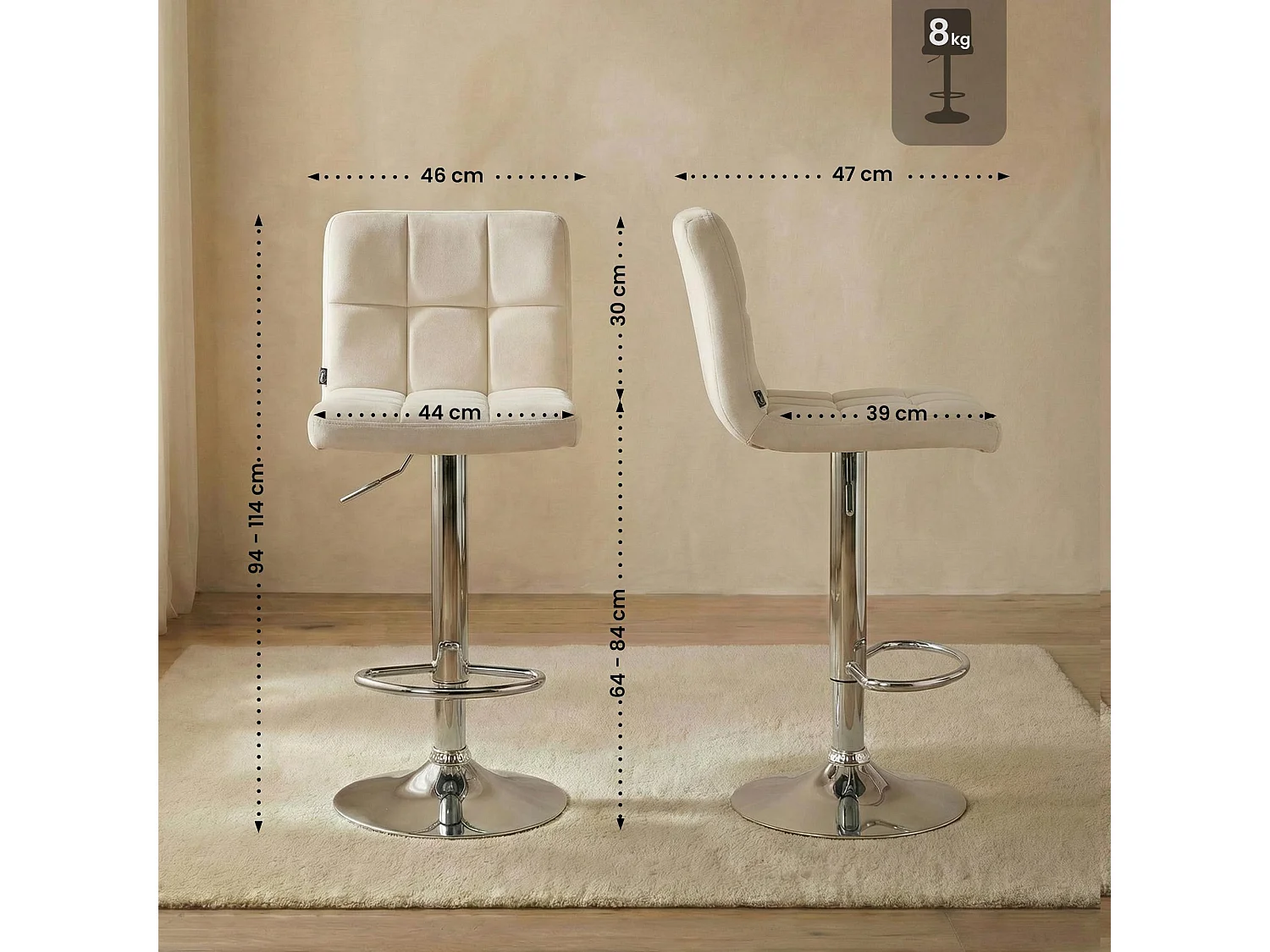 Lot de 2  Tabouret de bar - Velours & Chrome - Crème - Peru