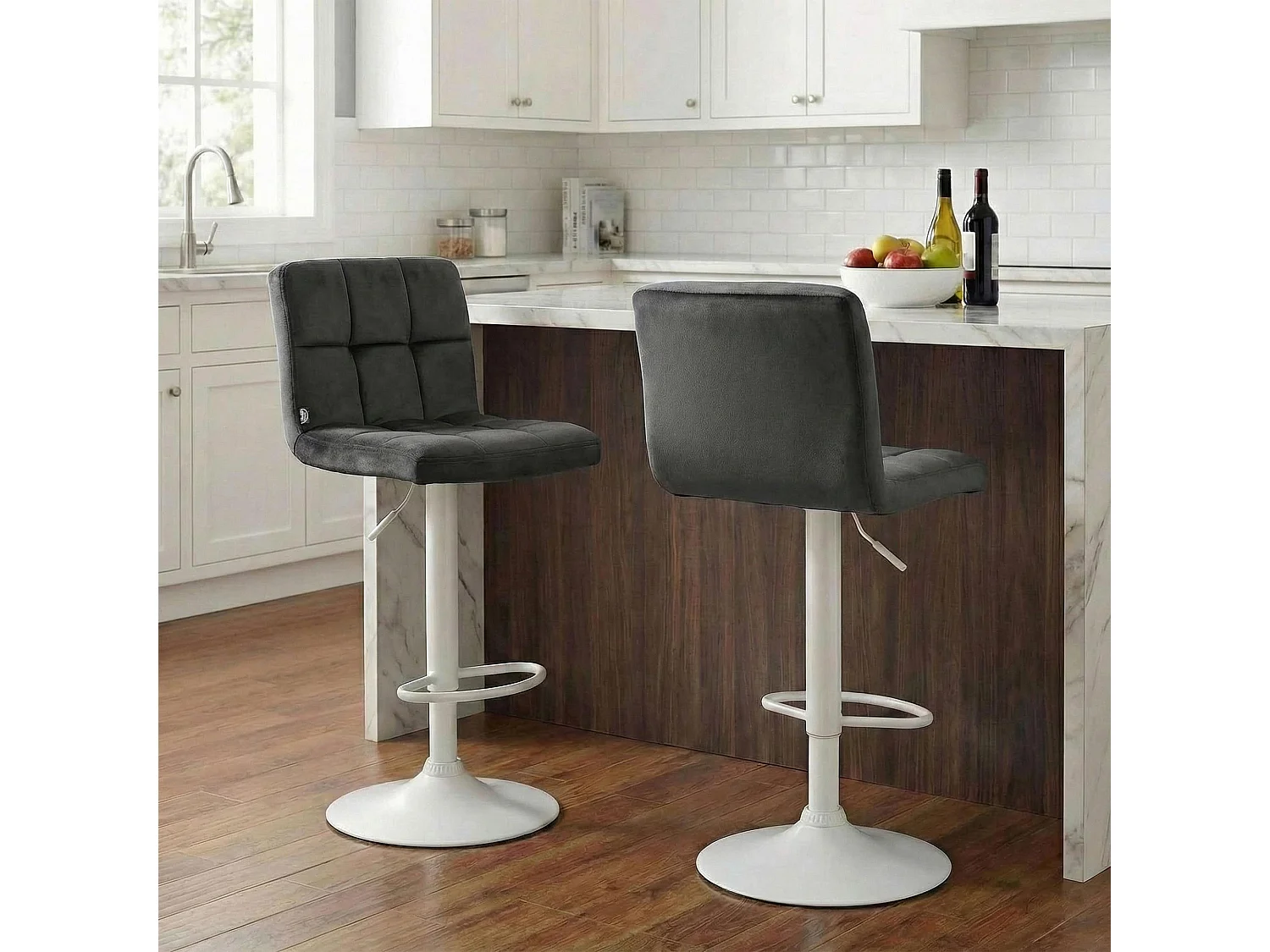 Lot de 2  Tabouret de bar - Velours & Blanc - Gris foncé - Peru