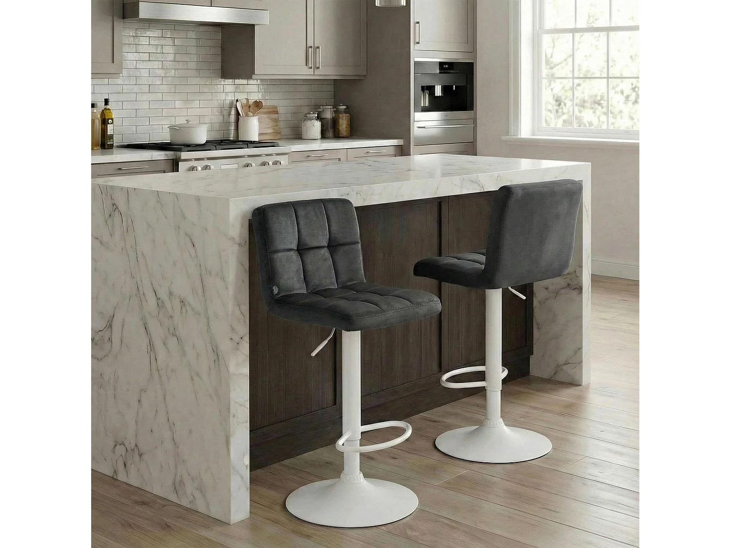 Lot de 2  Tabouret de bar - Velours & Blanc - Gris foncé - Peru