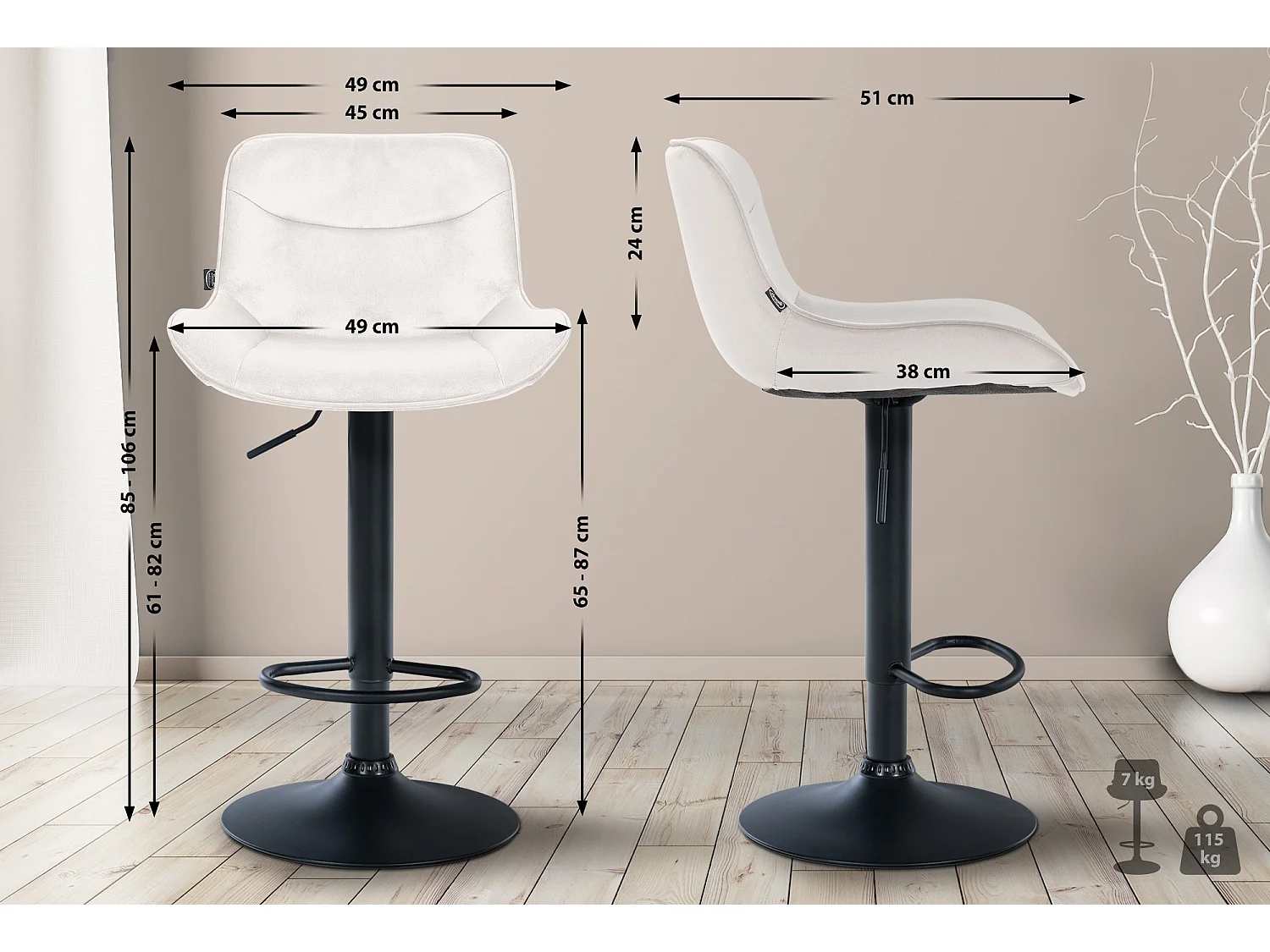 Tabouret de bar - Velours & Noir - Crème - Vonore