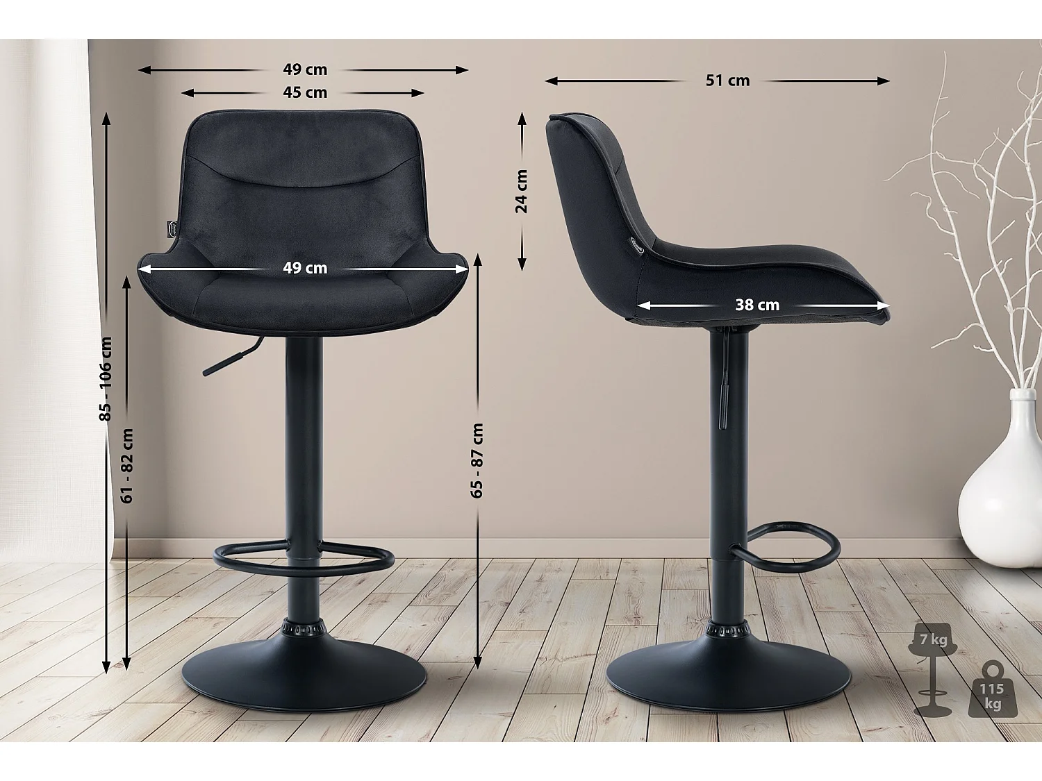 Tabouret de bar - Velours & Noir - Noir - Vonore