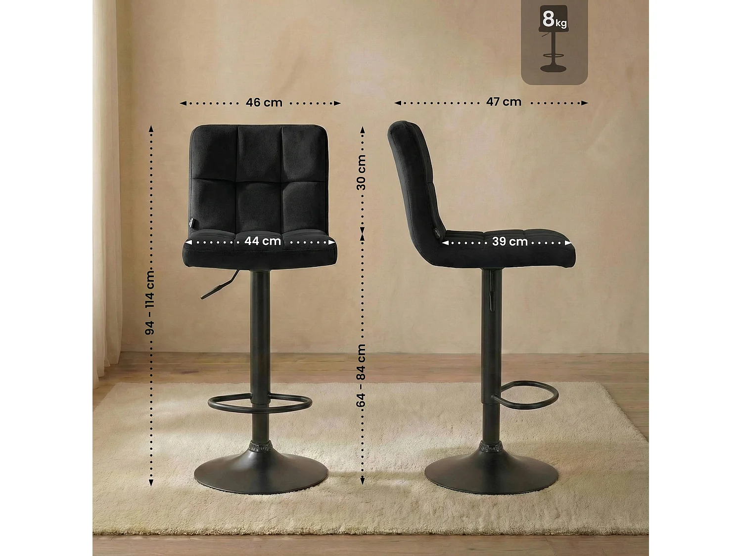 Lot de 2  Tabouret de bar - Velours & Noir - Noir - Peru
