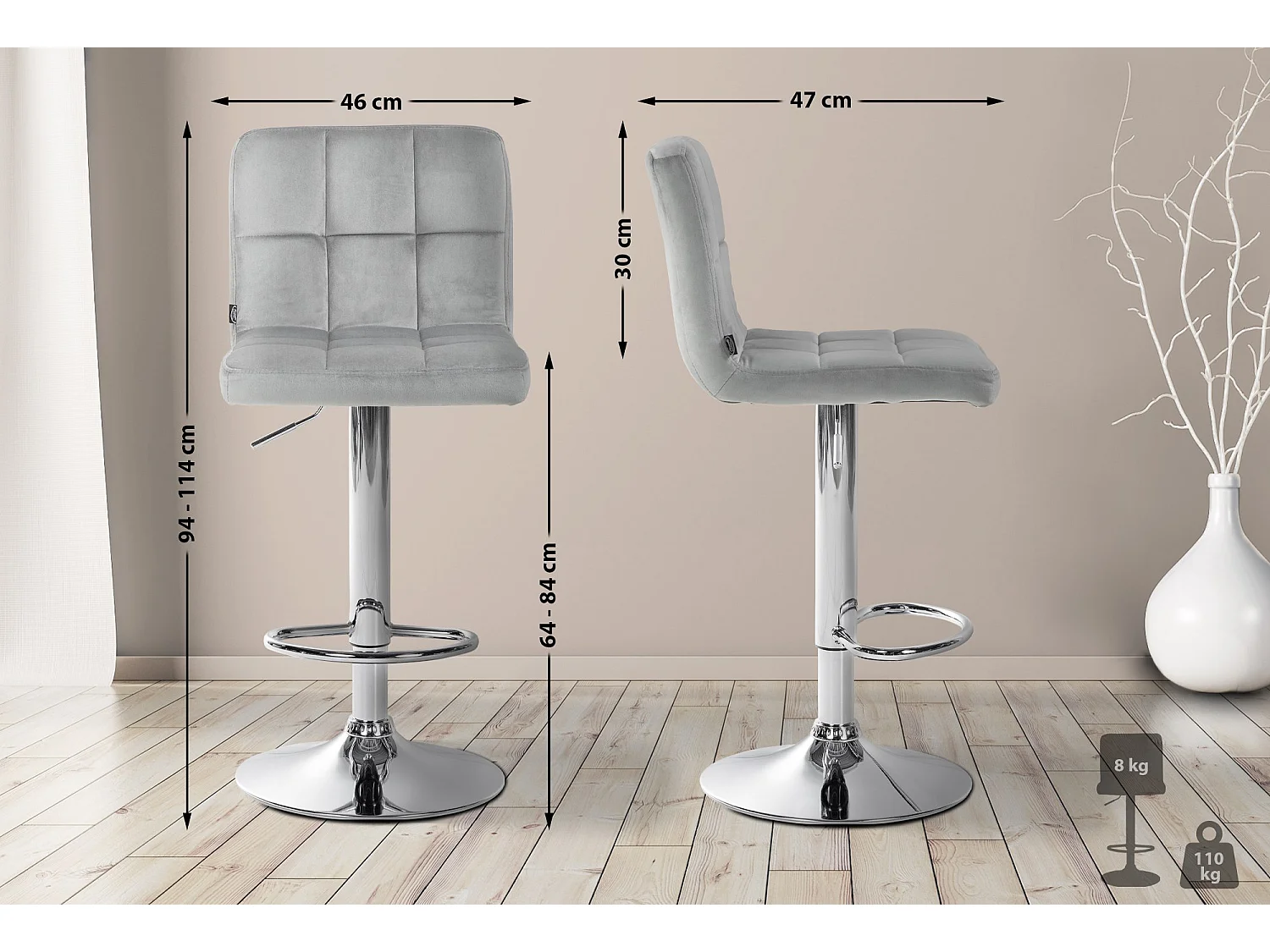 Lot de 2  Tabouret de bar - Velours & Chrome - Gris - Peru