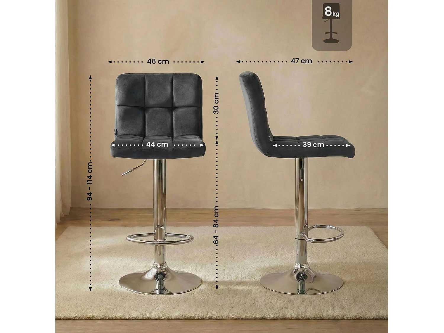 Lot de 2  Tabouret de bar - Velours & Chrome - Gris foncé - Peru