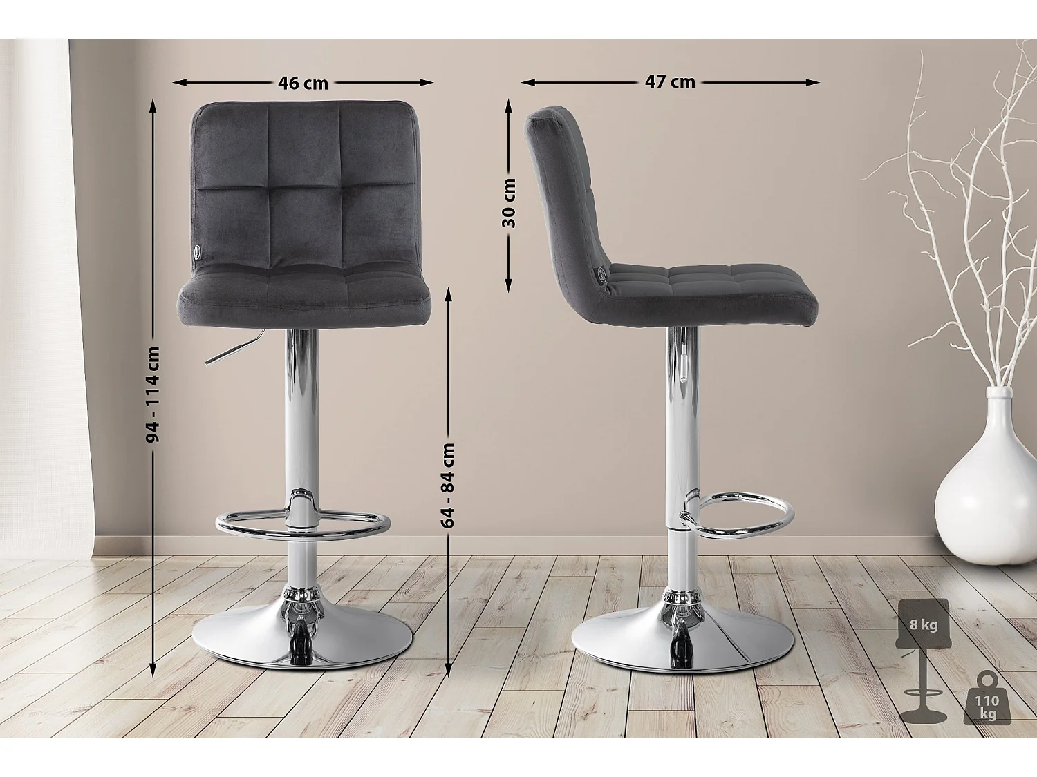 Lot de 2  Tabouret de bar - Velours & Chrome - Noir - Peru