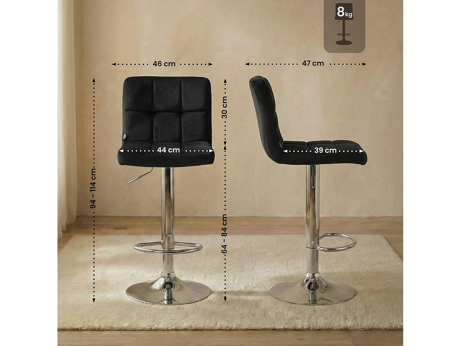 Lot de 2  Tabouret de bar - Velours & Chrome - Noir - Peru