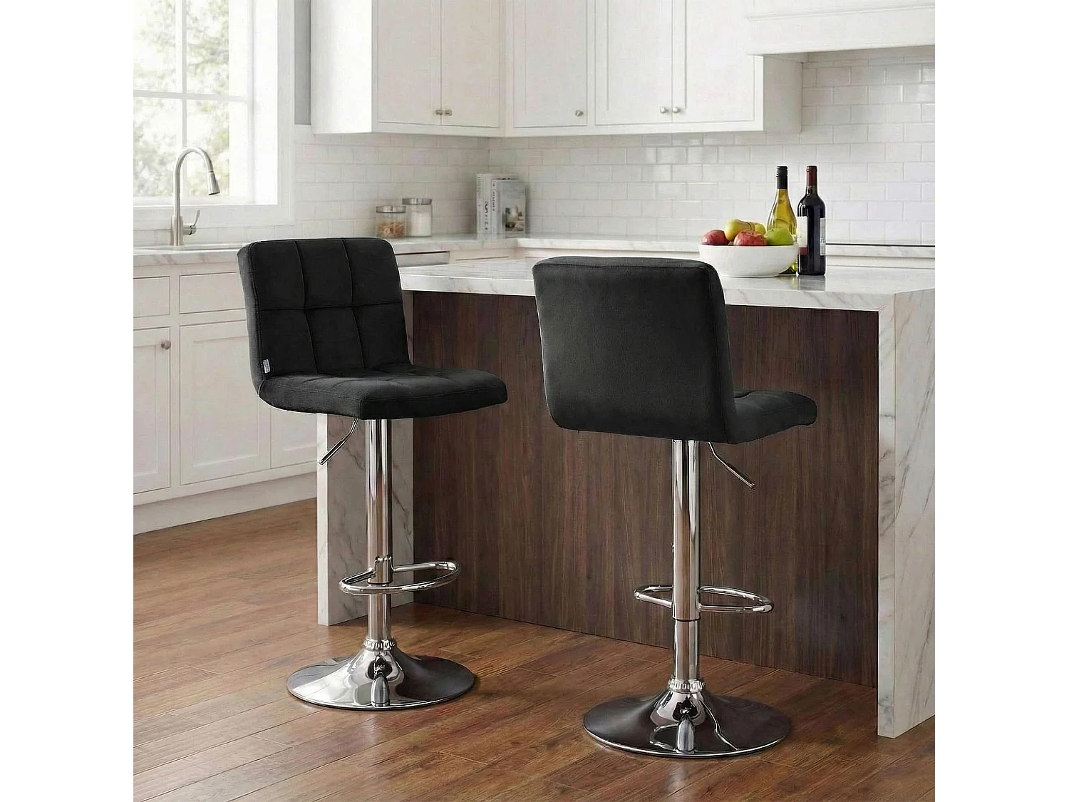Lot de 2  Tabouret de bar - Velours & Chrome - Noir - Peru