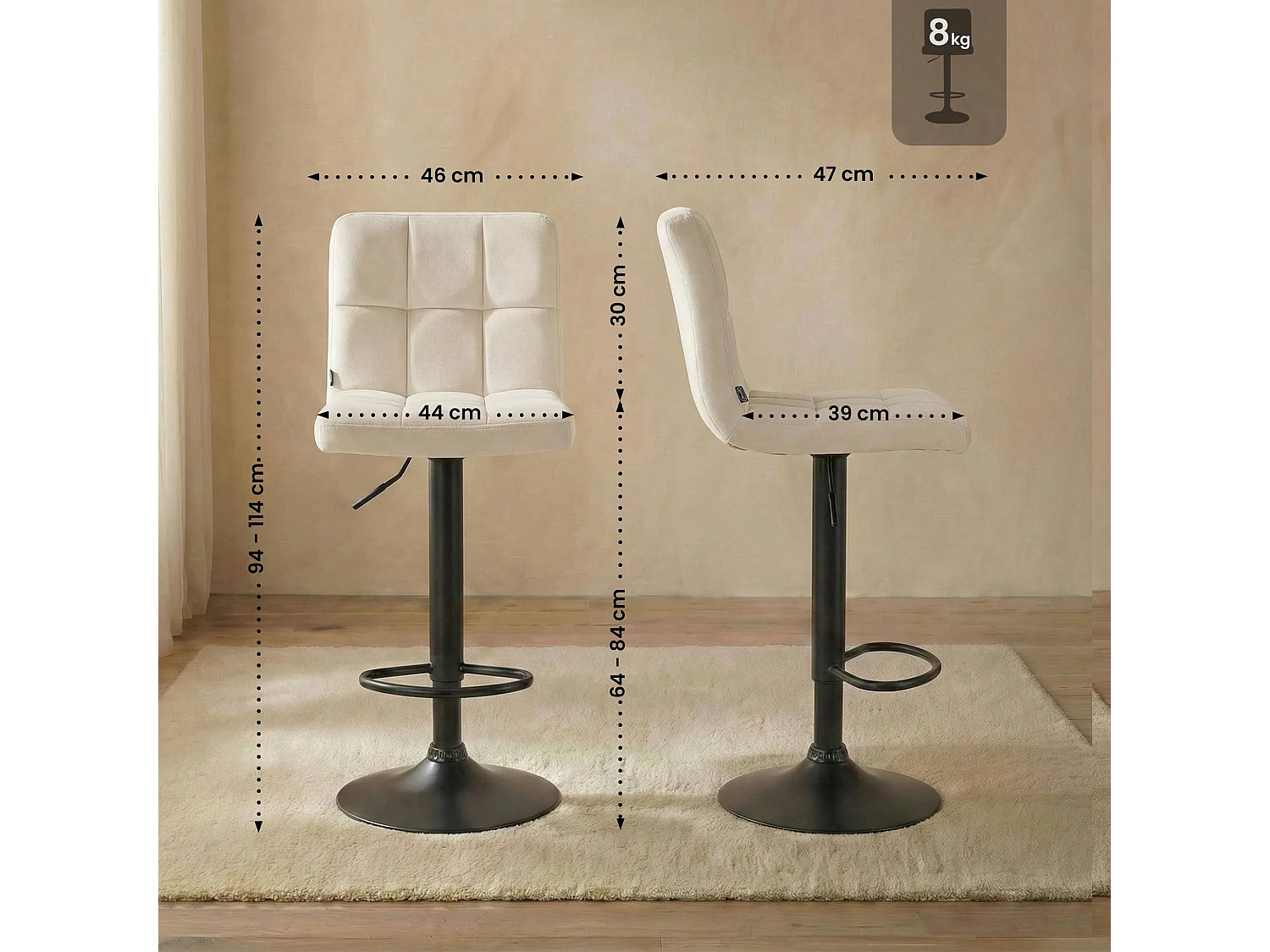 Lot de 2  Tabouret de bar - Velours & Noir - Crème - Peru
