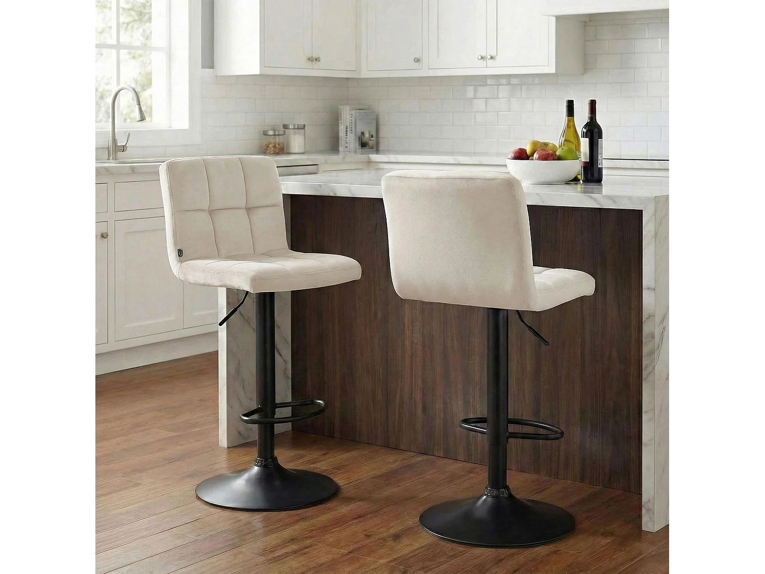 Lot de 2  Tabouret de bar - Velours & Noir - Crème - Peru