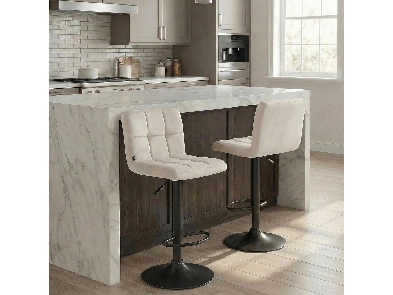 Lot de 2  Tabouret de bar - Velours & Noir - Crème - Peru