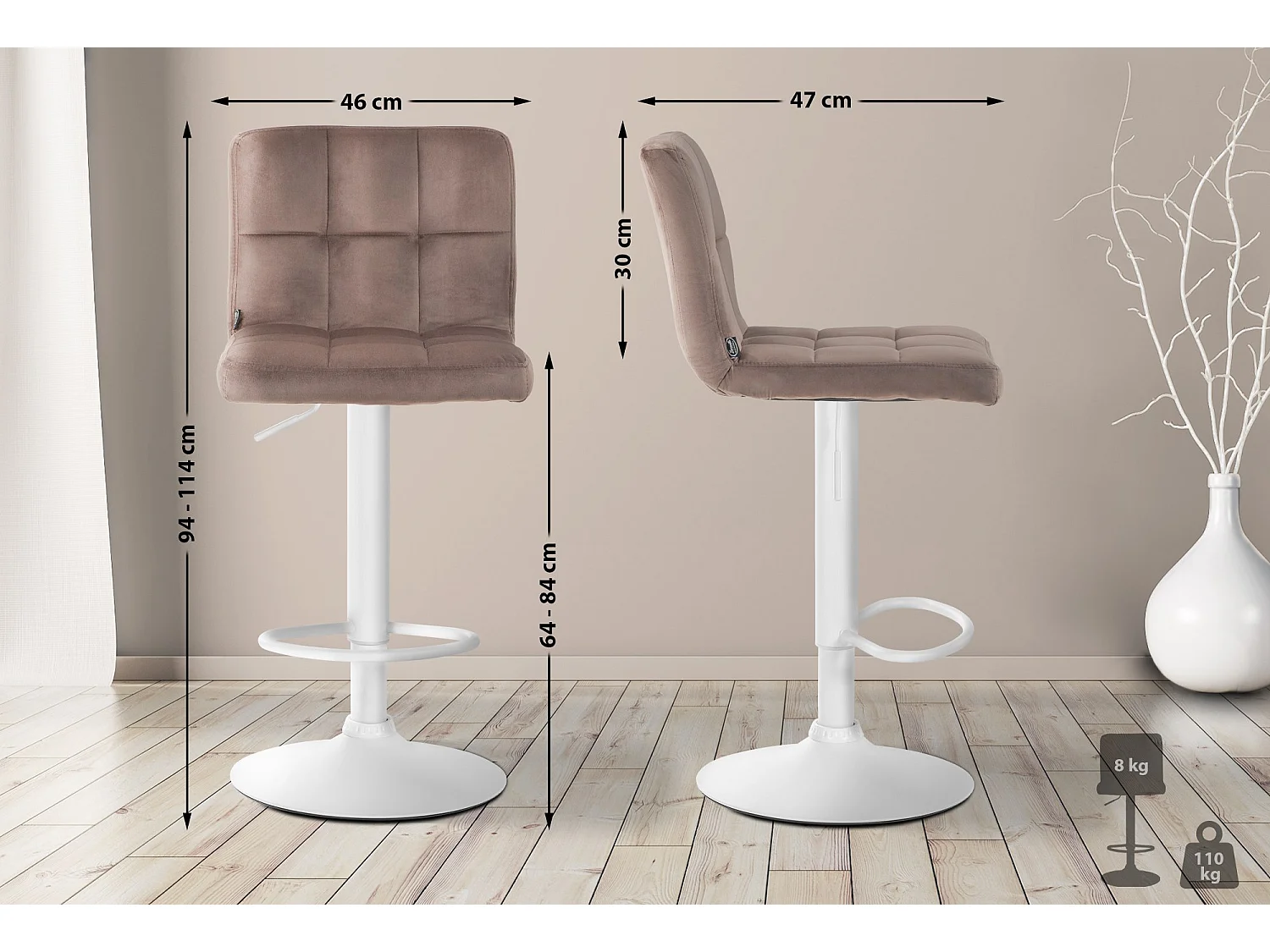 Lot de 2  Tabouret de bar - Velours & Blanc - Marron - Peru