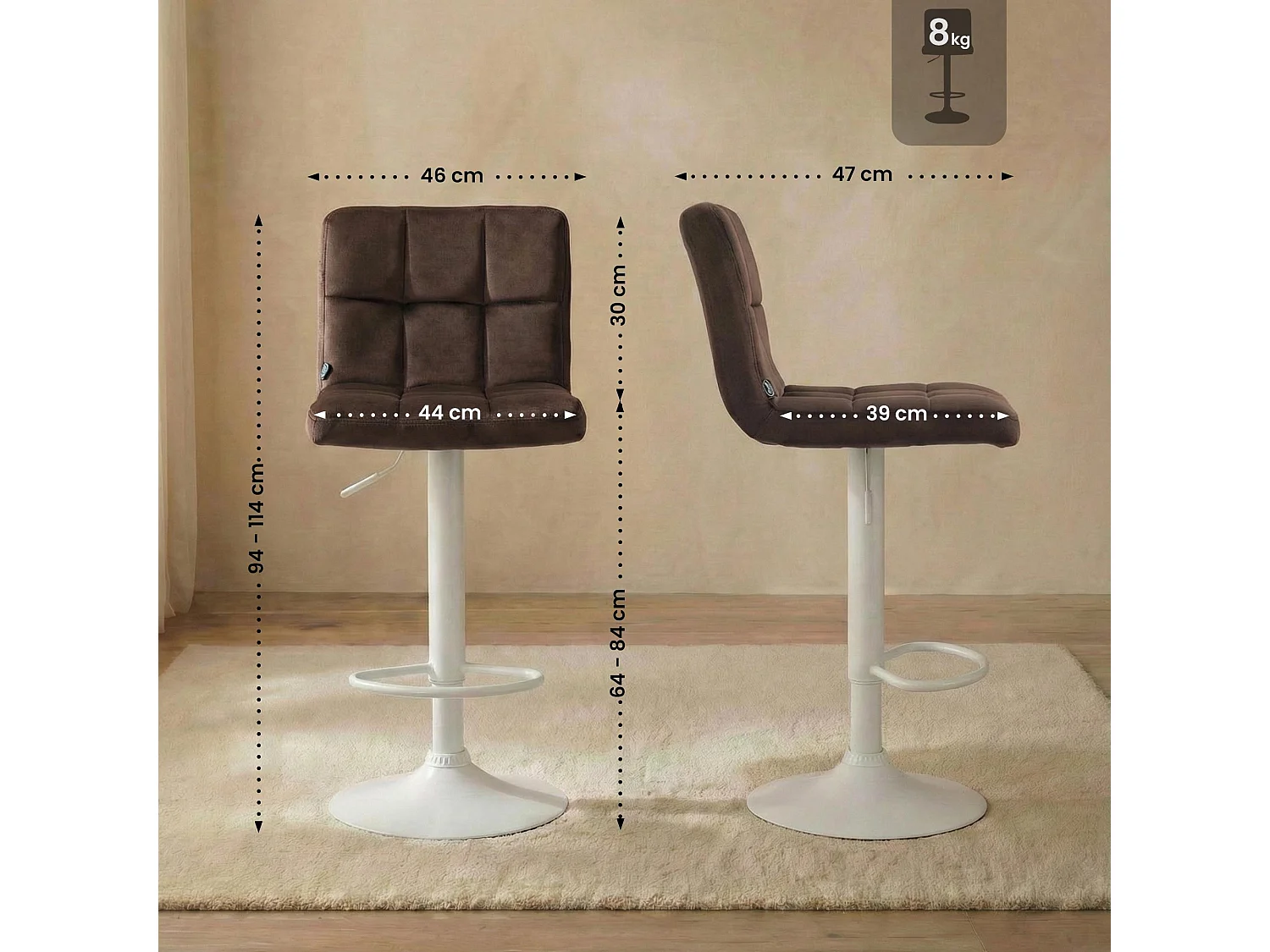 Lot de 2  Tabouret de bar - Velours & Blanc - Marron - Peru