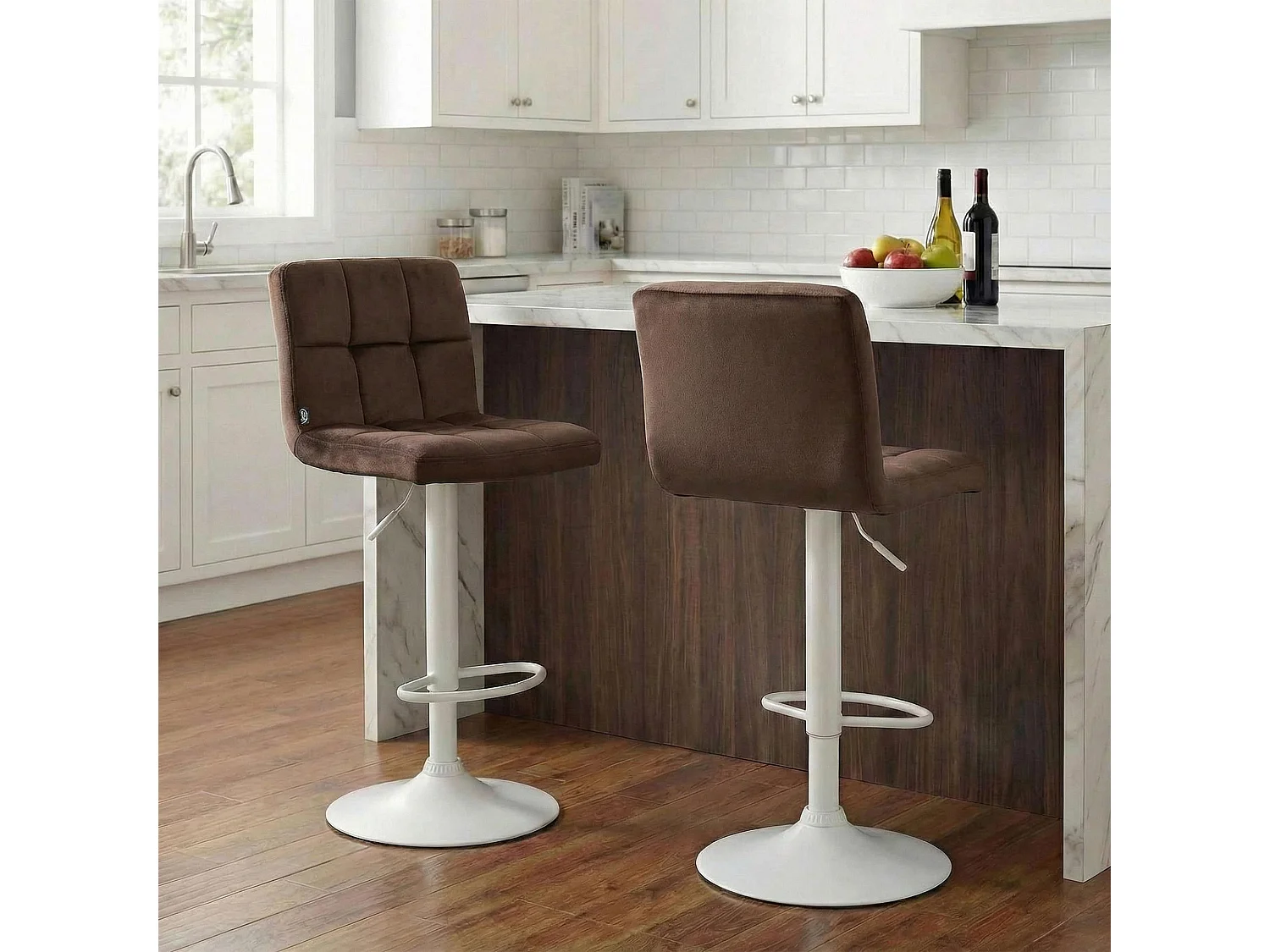 Lot de 2  Tabouret de bar - Velours & Blanc - Marron - Peru