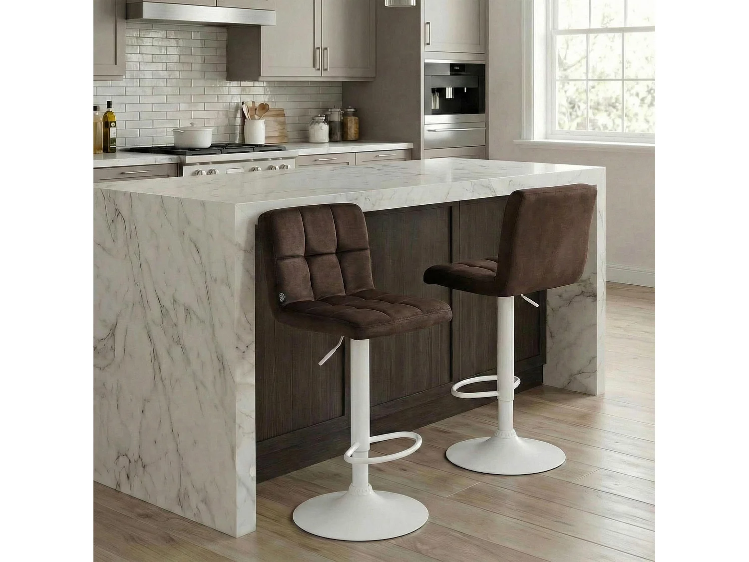 Lot de 2  Tabouret de bar - Velours & Blanc - Marron - Peru
