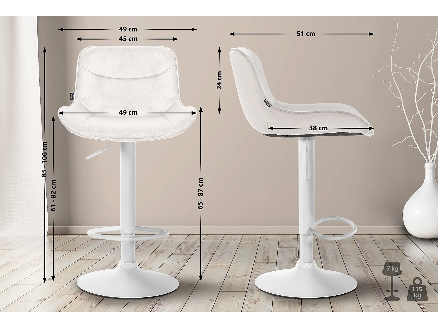 Tabouret de bar - Velours & Blanc - Crème - Vonore