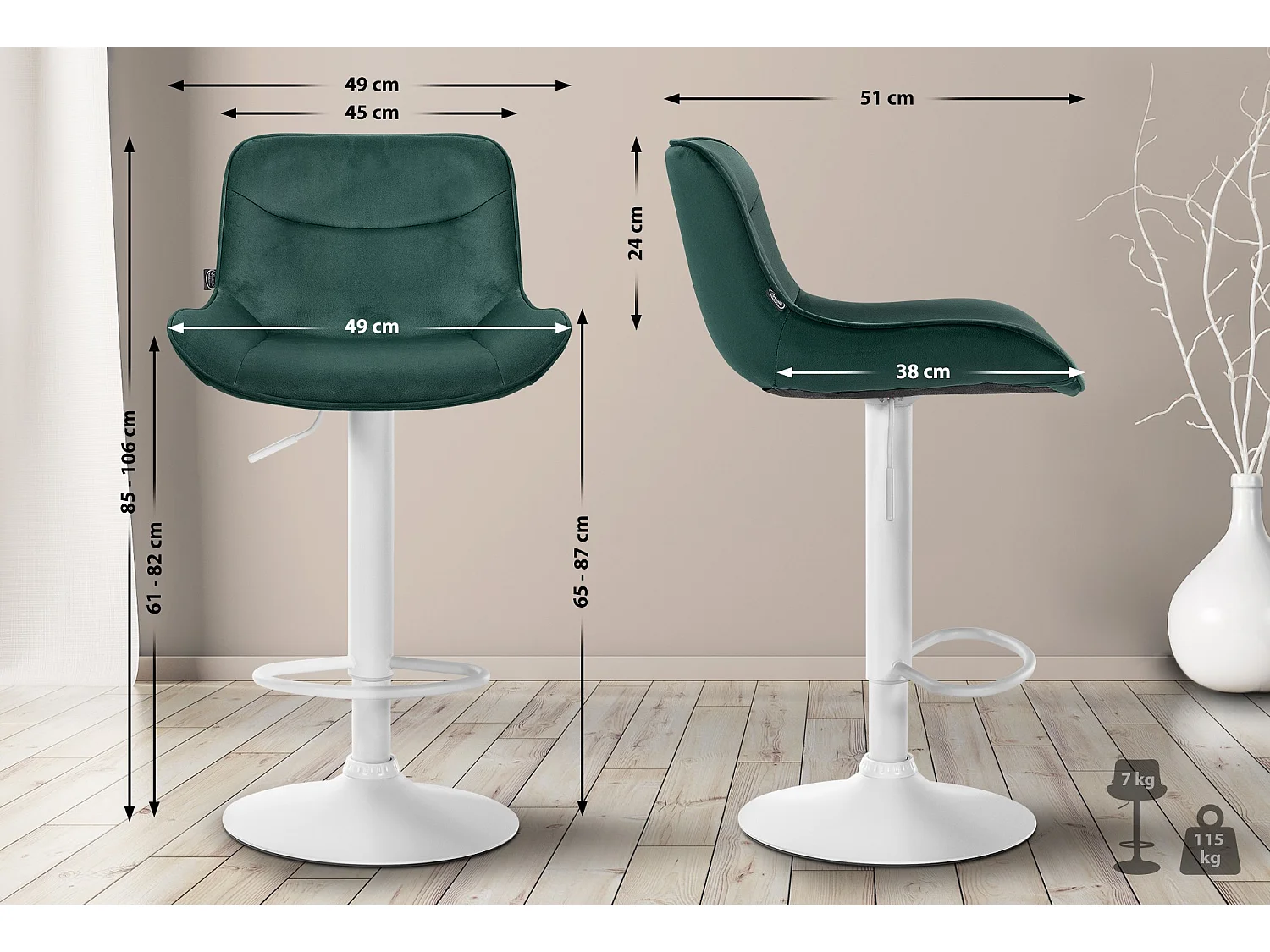 Lot de 2  Tabouret de bar - Velours & Blanc - Vert - Vonore