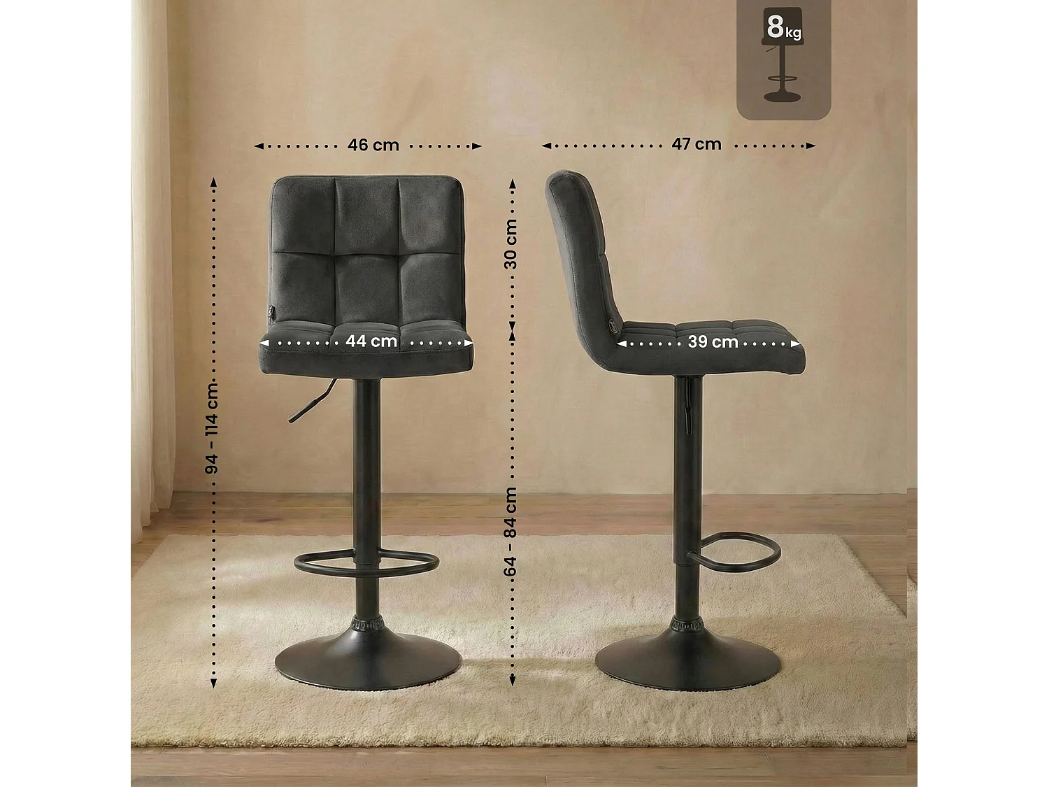 Lot de 2  Tabouret de bar - Velours & Noir - Gris foncé - Peru
