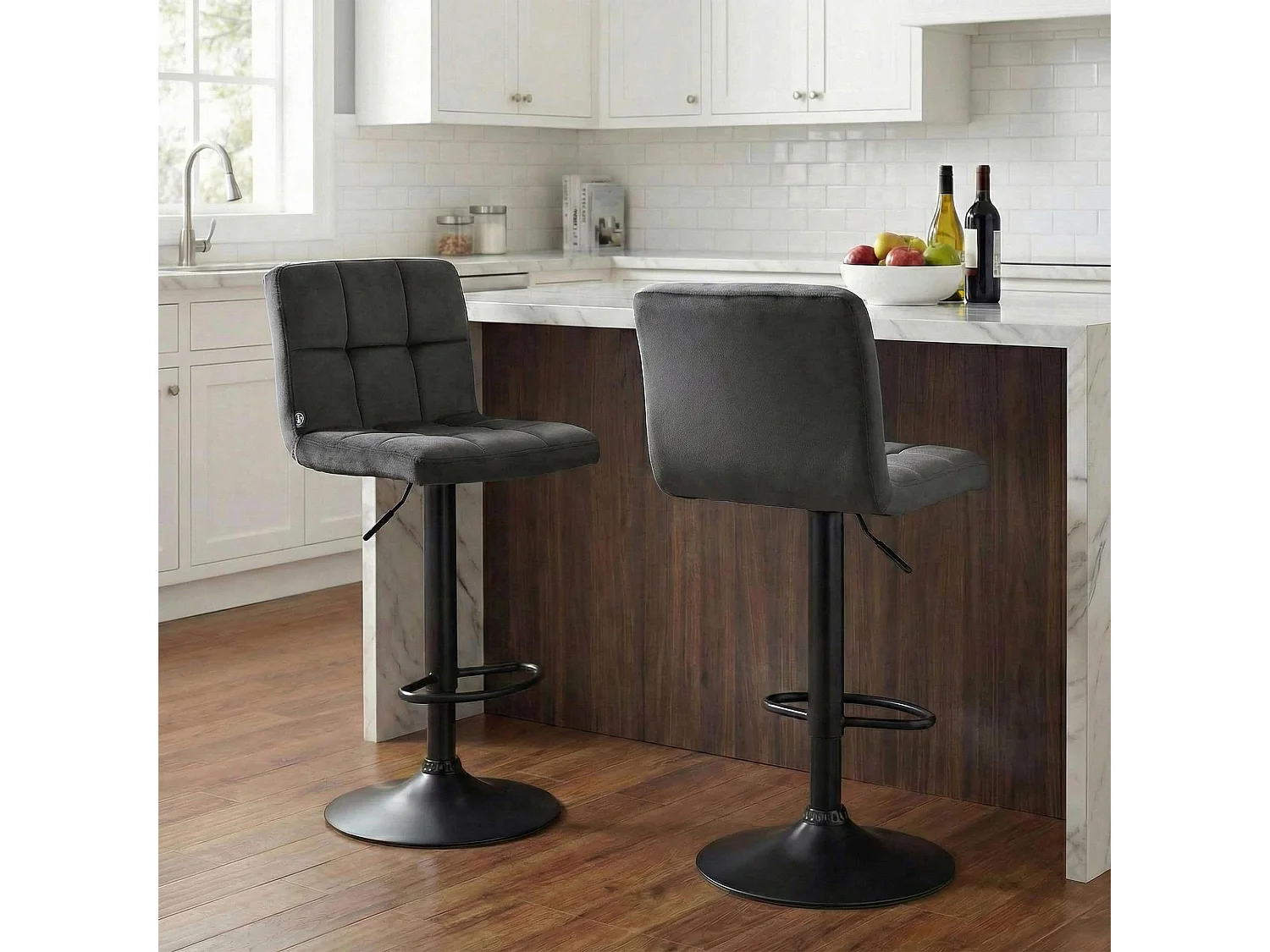 Lot de 2  Tabouret de bar - Velours & Noir - Gris foncé - Peru