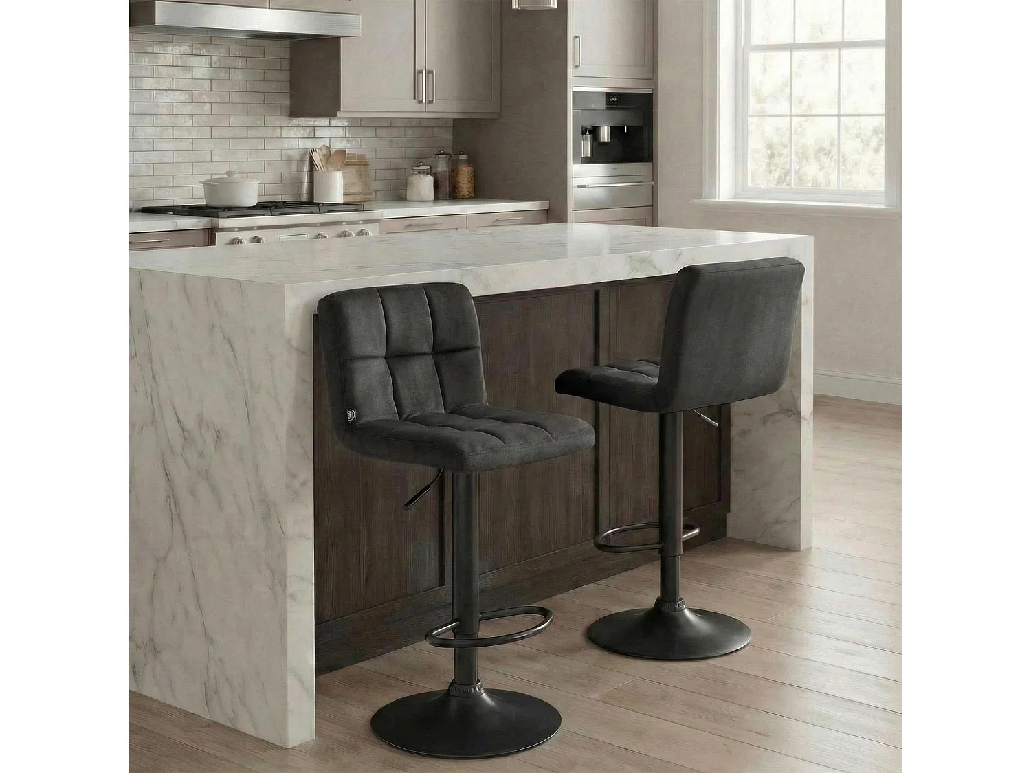 Lot de 2  Tabouret de bar - Velours & Noir - Gris foncé - Peru