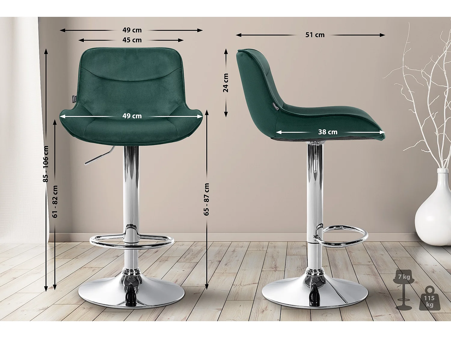 Tabouret de bar - Velours & Chrome - Vert - Vonore