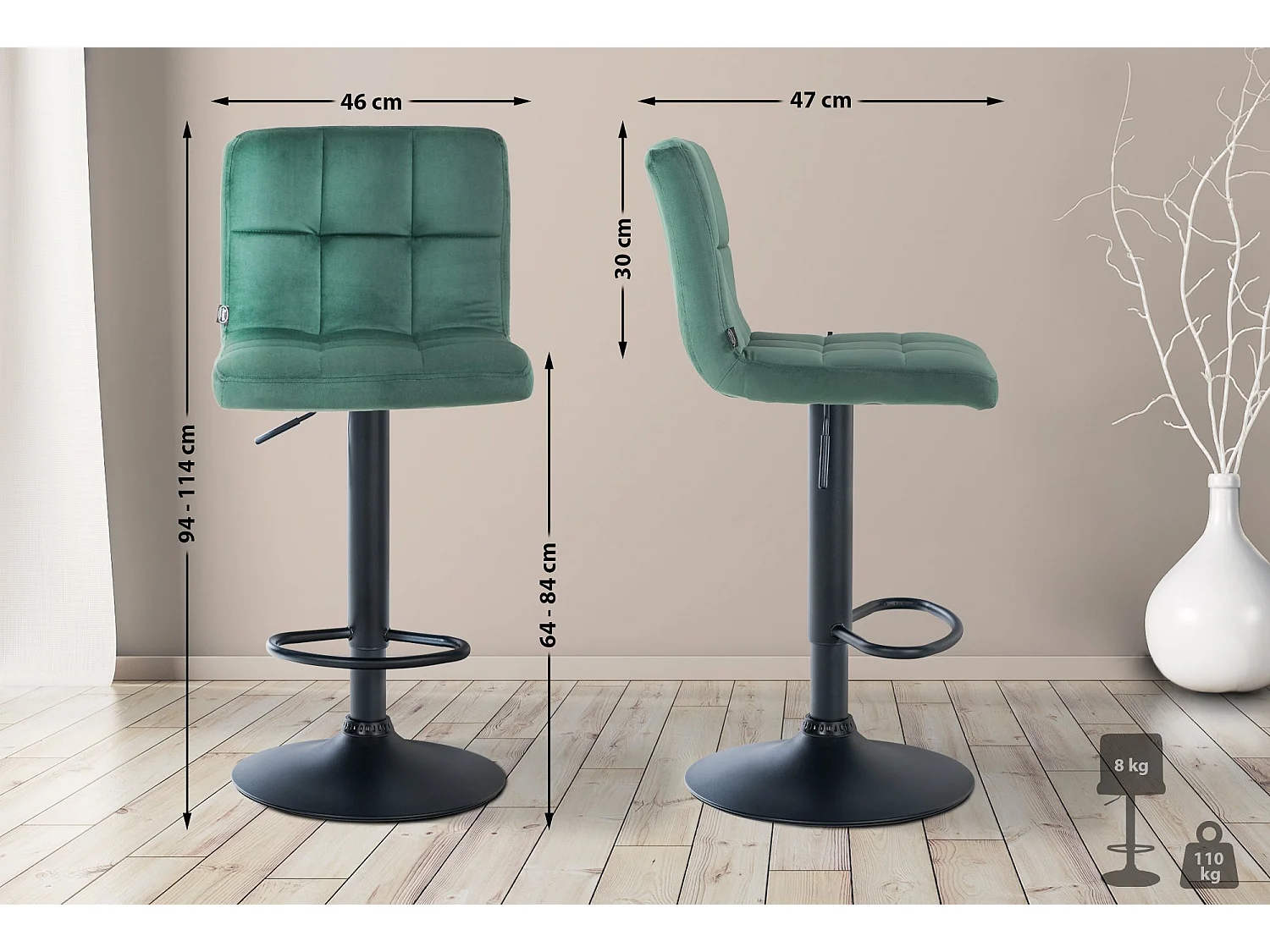 Lot de 2  Tabouret de bar - Velours & Noir - Vert - Peru