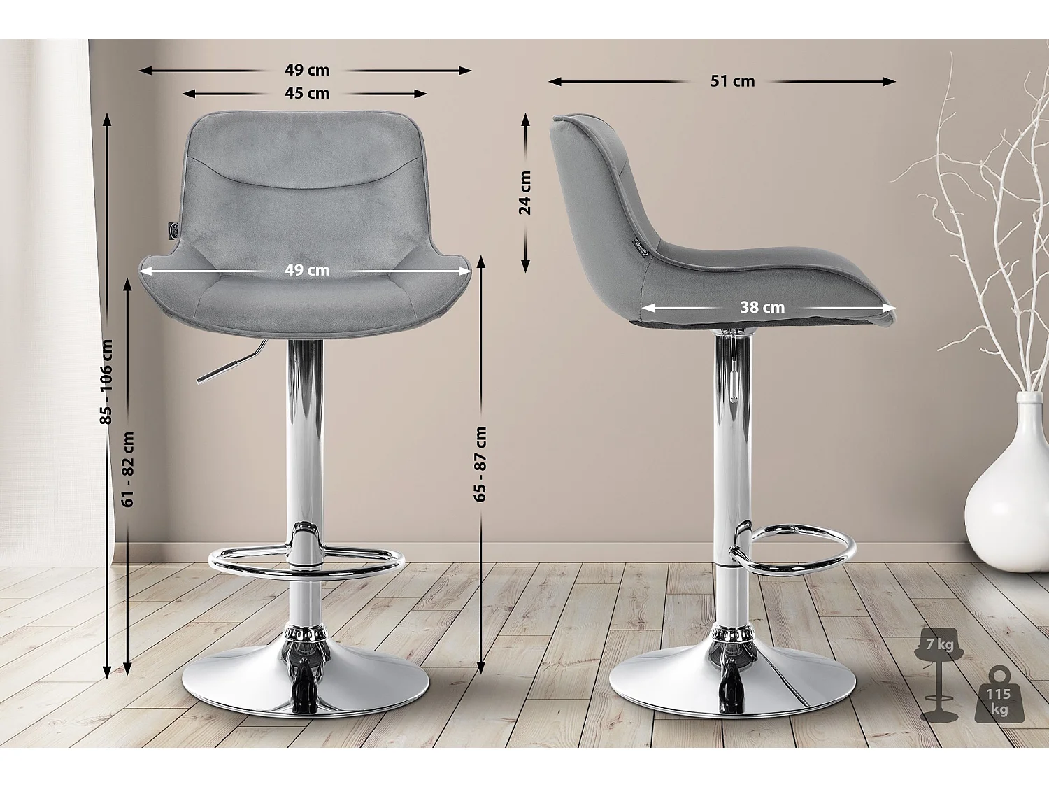 Lot de 2  Tabouret de bar - Velours & Chrome - Gris - Vonore