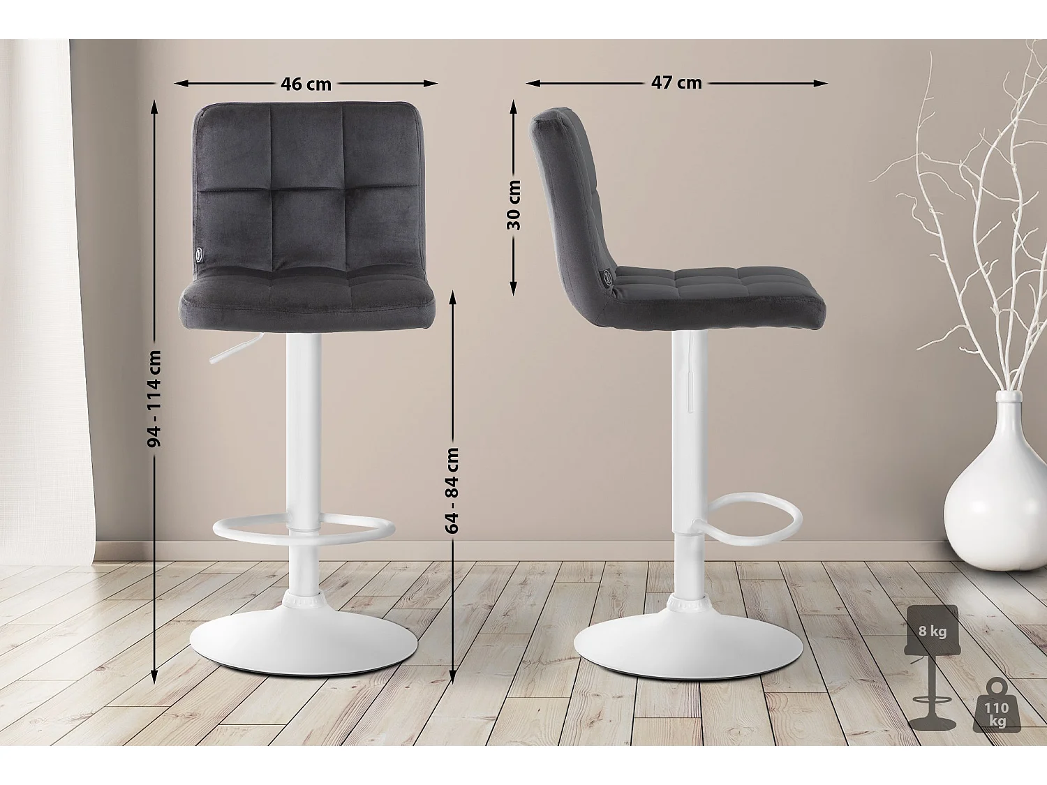 Lot de 2  Tabouret de bar - Velours & Blanc - Noir - Peru